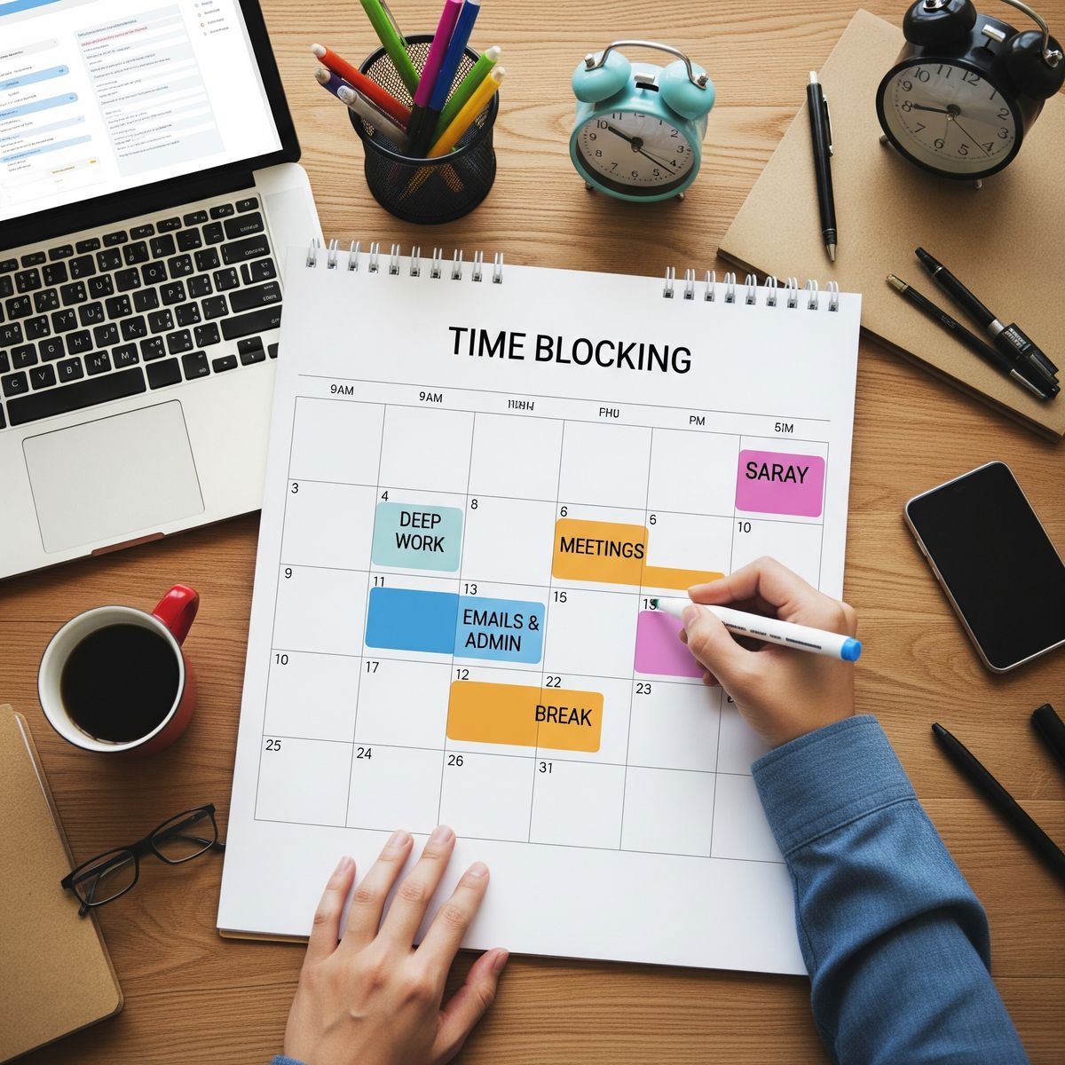 Visual schedule showing morning time blocks for structured freelance work